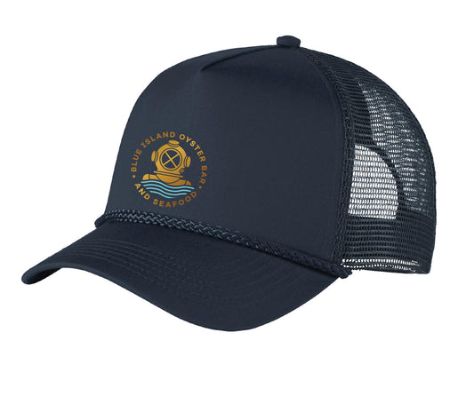 Navy blue structured snapback hat with mesh back, braided brim detail, and Blue Island Oyster Bar logo embroidery.