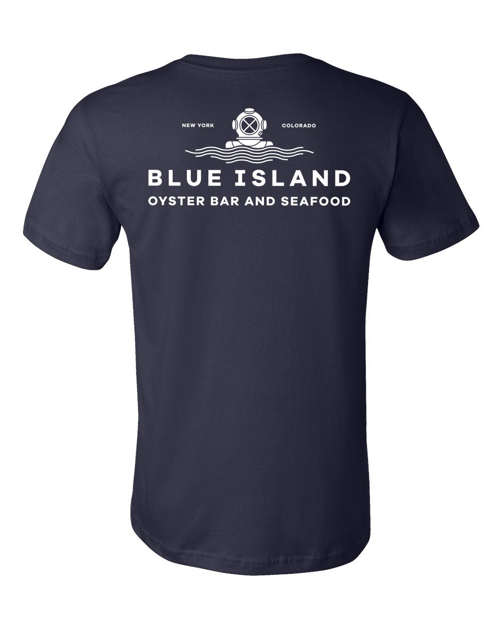 Navy blue unisex cotton t-shirt featuring a white Blue Island Oyster Bar and Seafood logo with a diver helmet graphic.