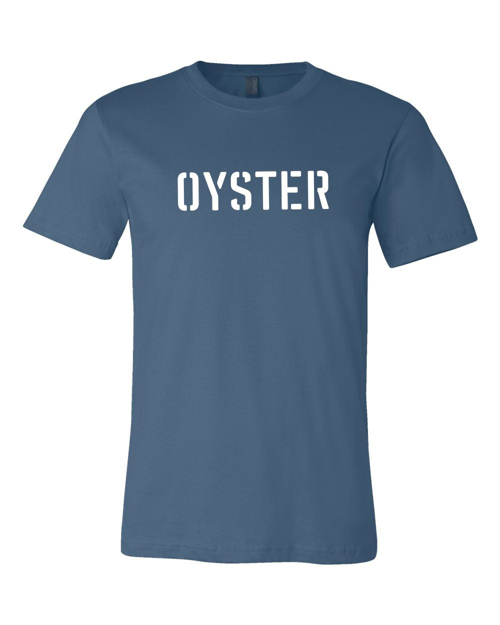 Blue unisex crewneck t-shirt in soft cotton featuring a white stencil-style OYSTER graphic on the chest.