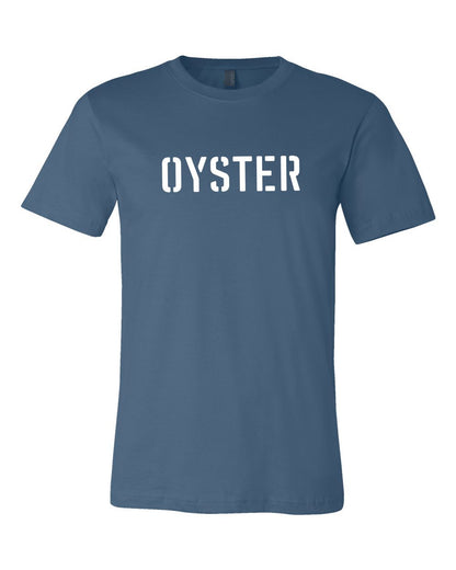 Blue unisex crewneck t-shirt in soft cotton featuring a white stencil-style OYSTER graphic on the chest.