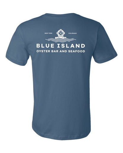 Blue unisex cotton t-shirt featuring a white Blue Island Oyster Bar stencil logo with a vintage diving helmet graphic.