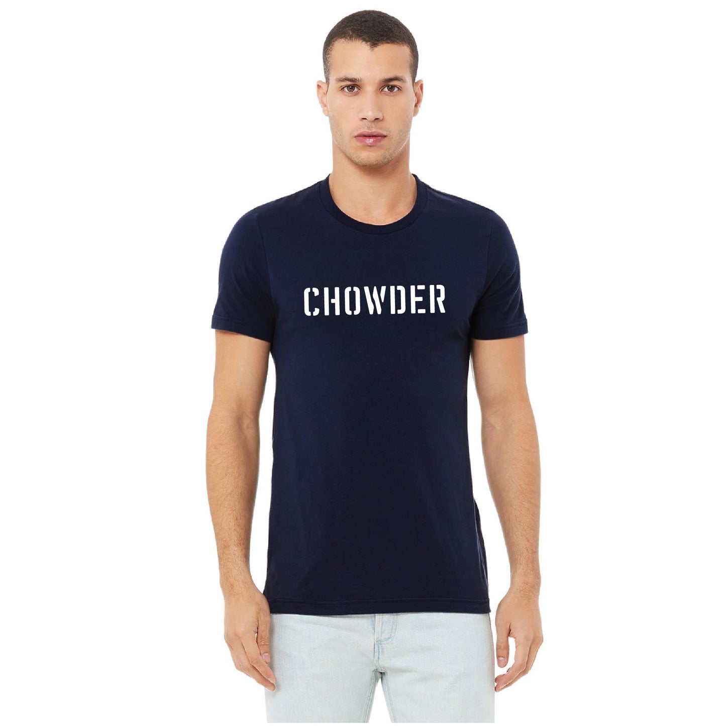 Unisex navy blue cotton t-shirt featuring a white stencil-style CHOWDER graphic on the chest.