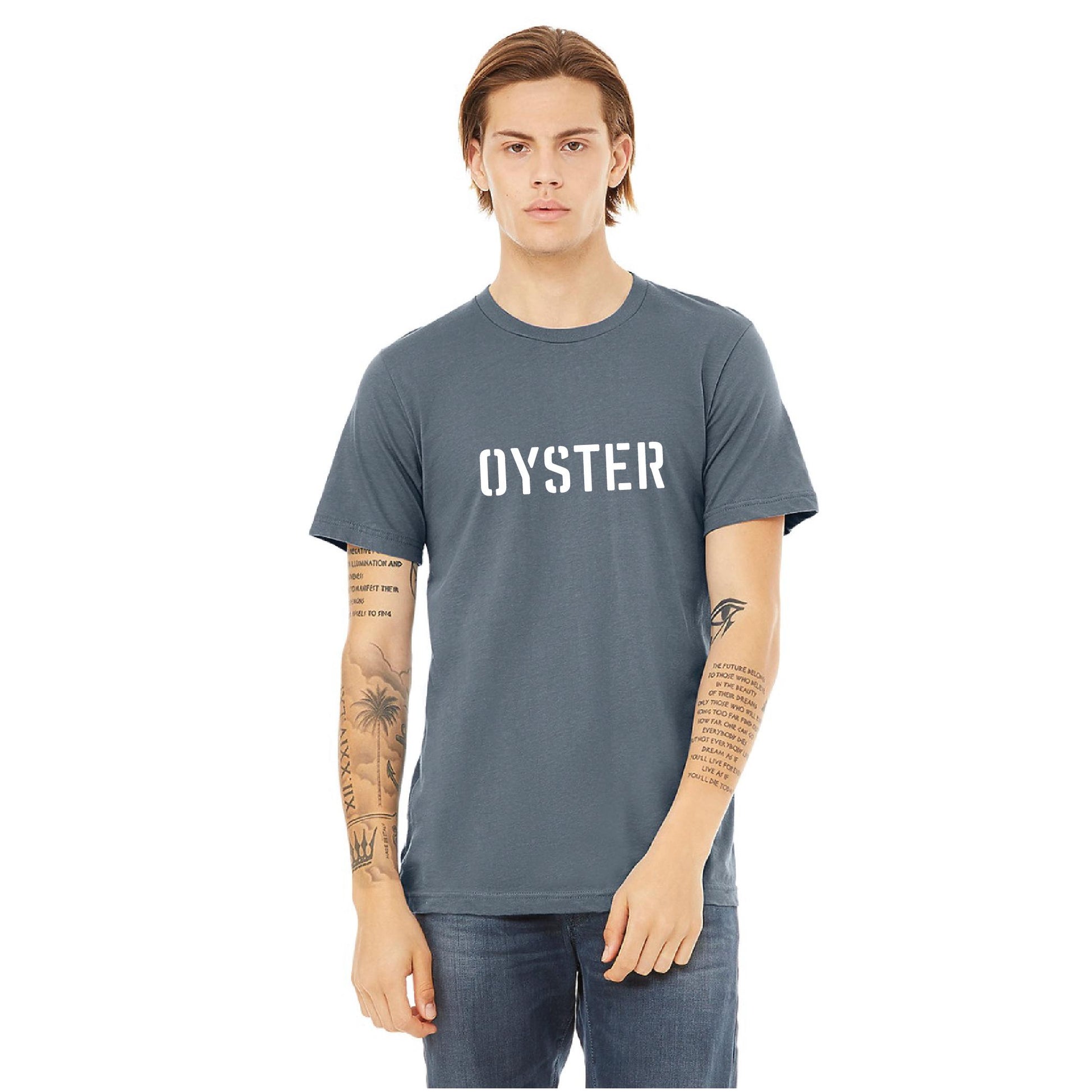 Blue unisex cotton t-shirt featuring a white stencil-style OYSTER graphic on the chest.