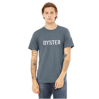 Blue unisex cotton t-shirt featuring a white stencil-style OYSTER graphic on the chest.