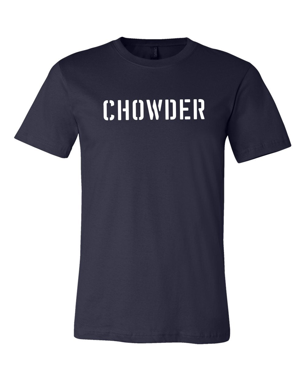 Navy blue unisex cotton t-shirt featuring a white stencil-style CHOWDER graphic on the chest.