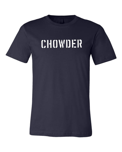 Navy blue unisex cotton t-shirt featuring a white stencil-style CHOWDER graphic on the chest.