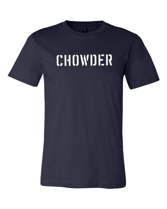 Navy blue unisex cotton t-shirt featuring a white stencil-style CHOWDER graphic on the chest.
