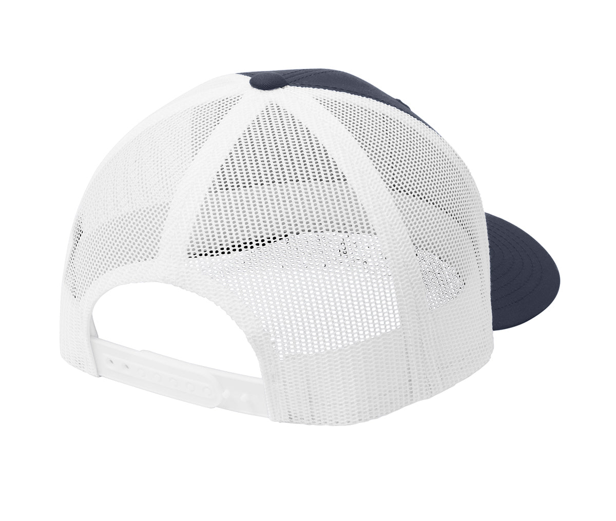 Blue and white trucker cap featuring a breathable mesh back and an adjustable white plastic snapback closure.