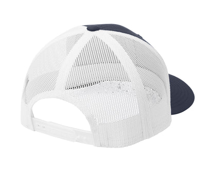 Blue and white trucker cap featuring a breathable mesh back and an adjustable white plastic snapback closure.