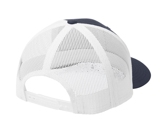 Blue and white trucker cap featuring a breathable mesh back and an adjustable white plastic snapback closure.