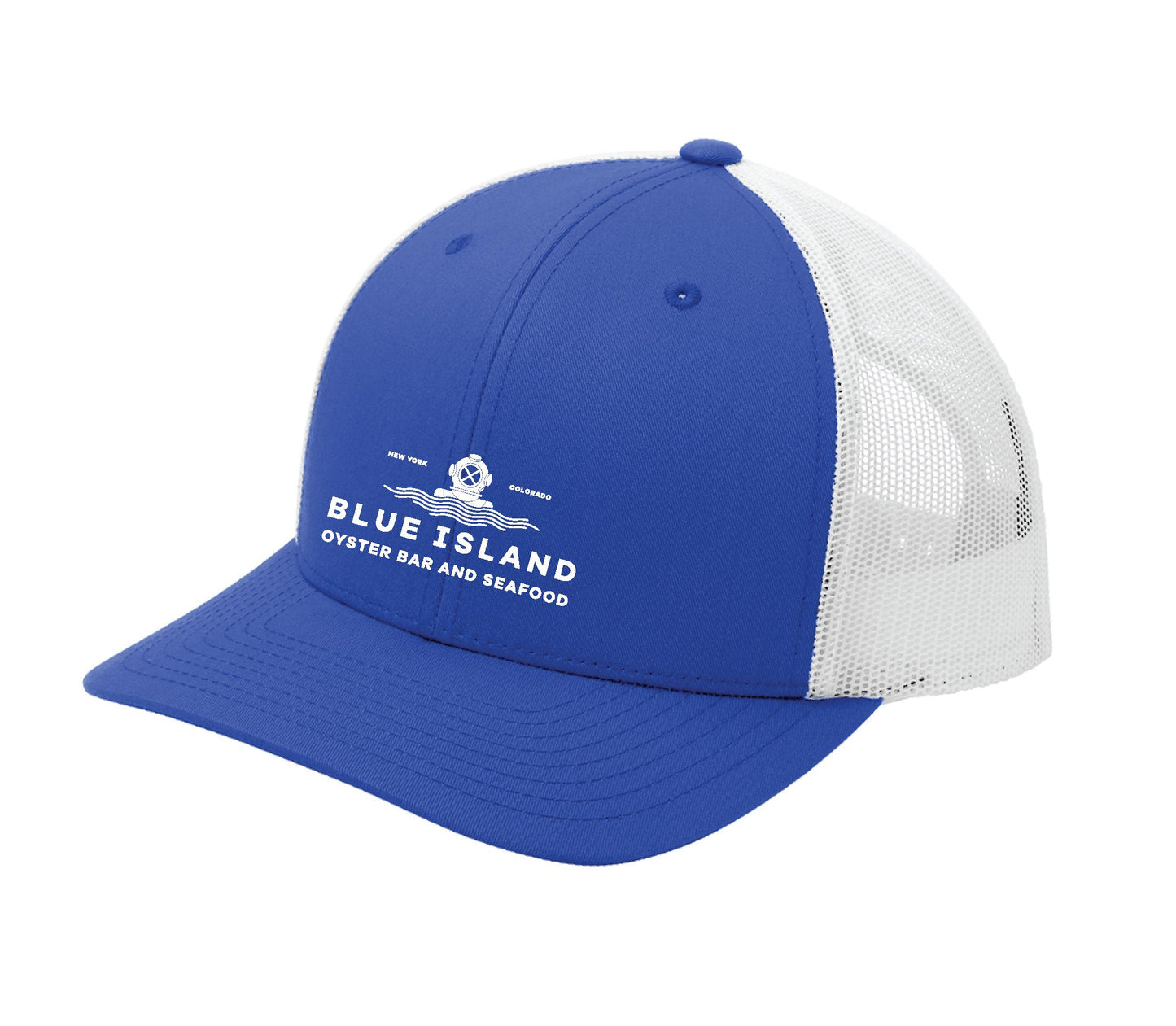 Blue and white structured trucker cap with mesh back, adjustable snap closure, and Blue Island Oyster Bar logo.