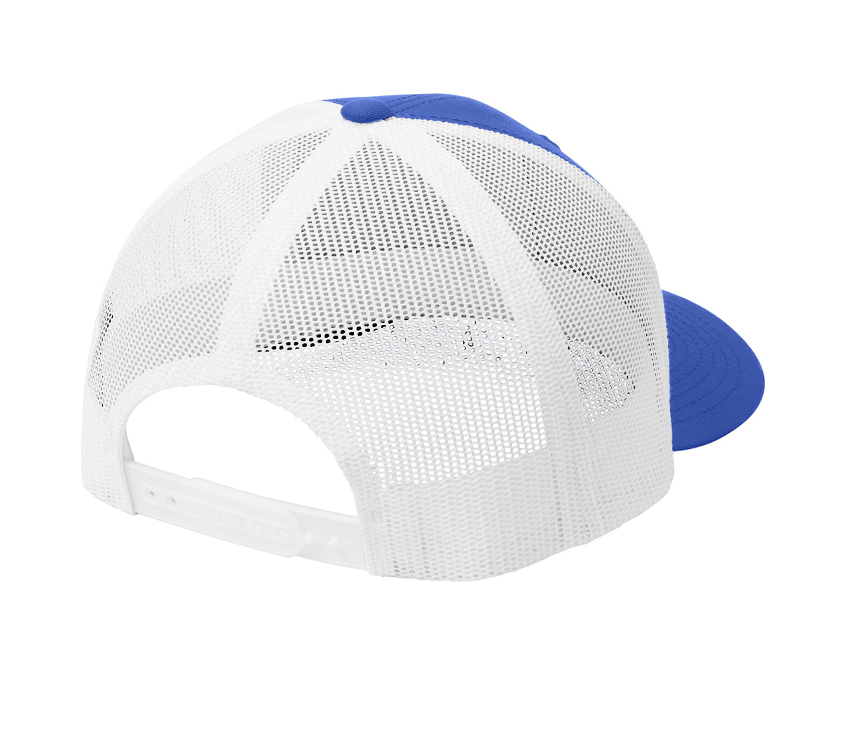 Blue and white trucker cap with a structured crown, breathable mesh back, and an adjustable snapback closure.