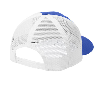 Blue and white trucker cap with a structured crown, breathable mesh back, and an adjustable snapback closure.