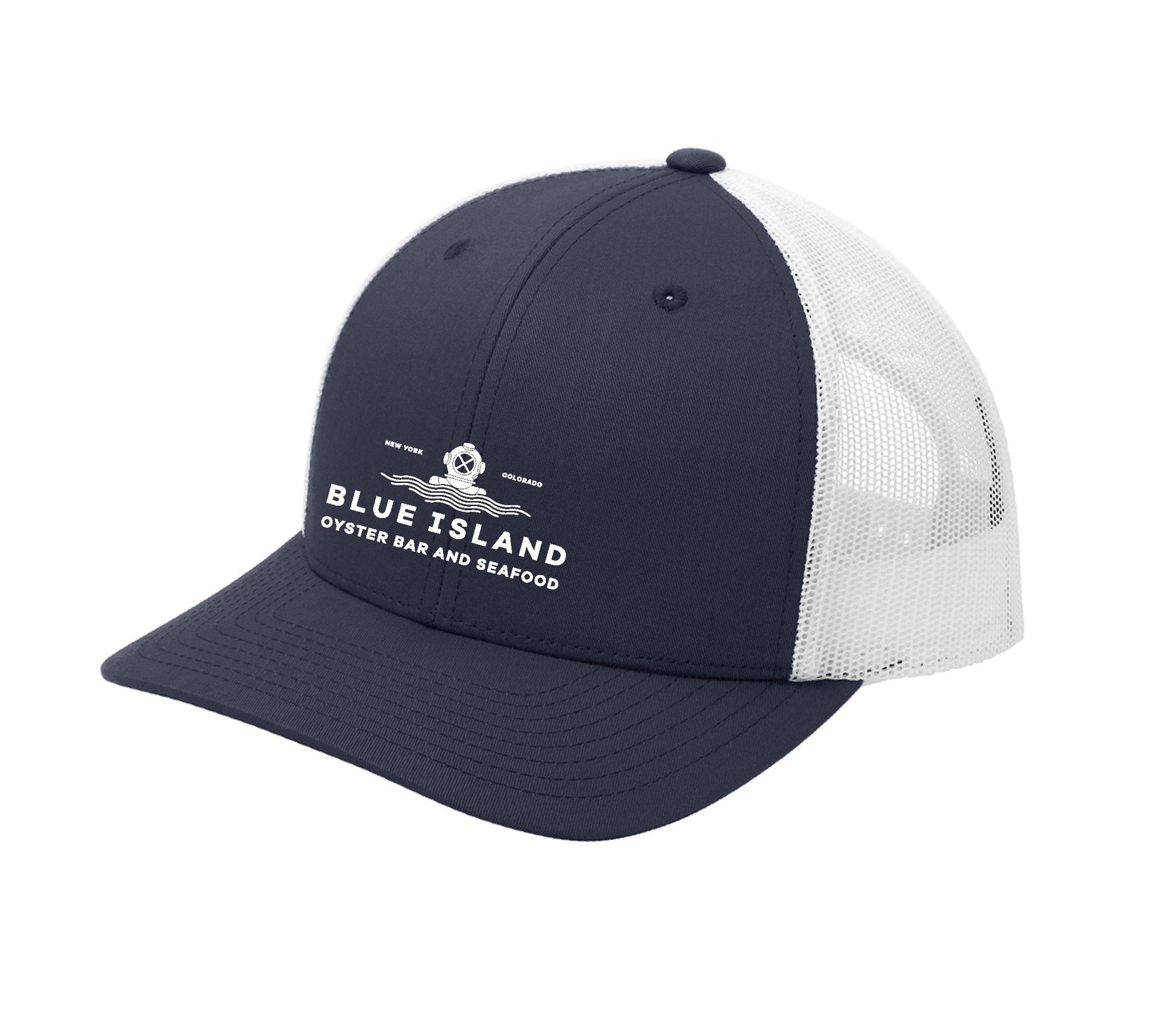 Navy blue structured trucker cap with white mesh back, snap closure, and Blue Island Oyster Bar logo on front.