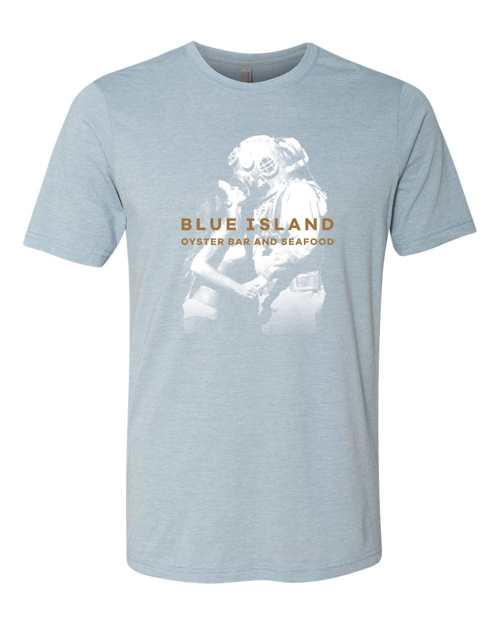Blue heathered vintage diver graphic tee with Blue Island Oyster Bar and Seafood logo in a relaxed fit cotton blend.