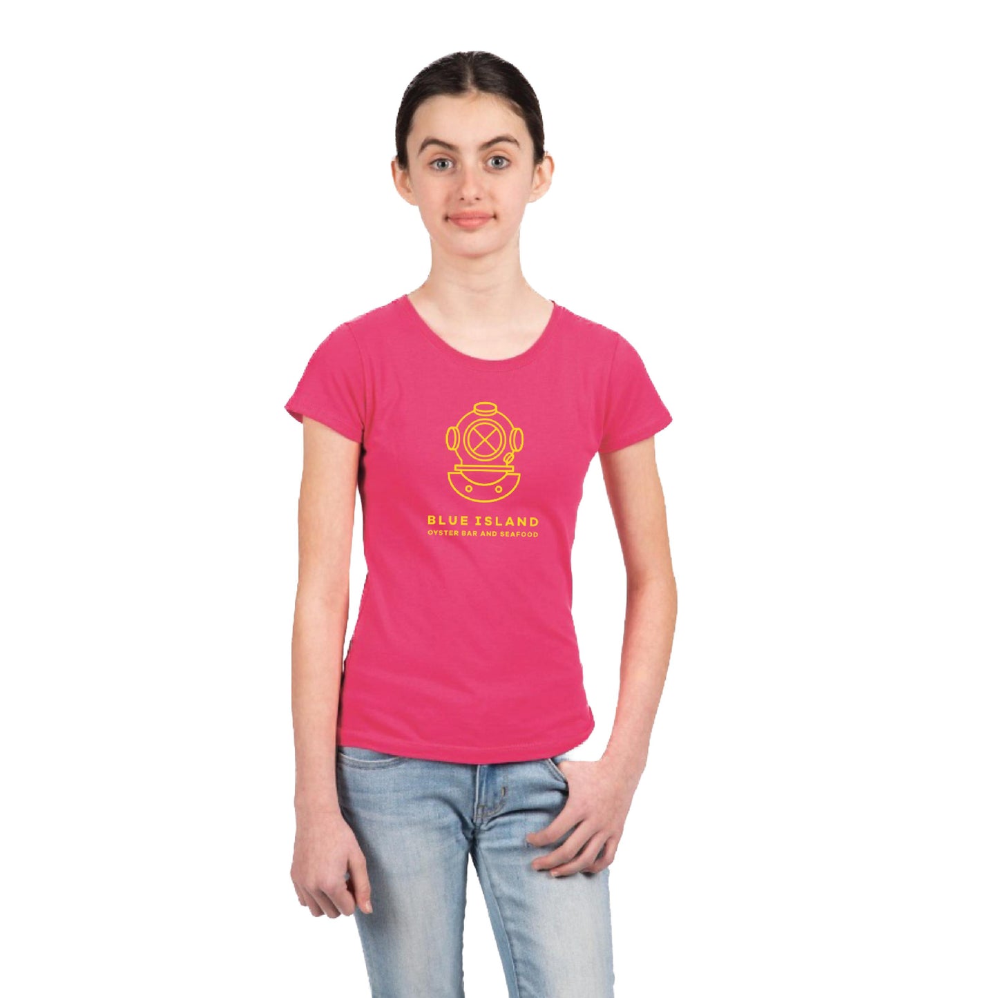 Youth girl wearing a pink, soft cotton short-sleeve tee with a yellow Blue Island Oyster Bar logo graphic.