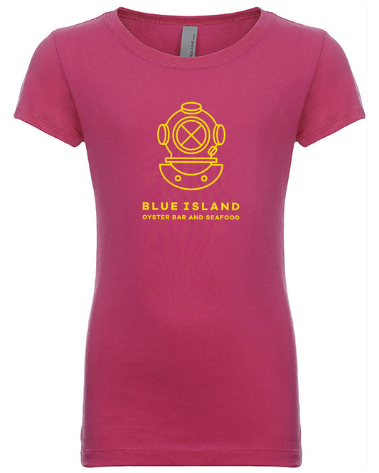 Pink youth girls cotton tee with yellow Blue Island Oyster Bar and Seafood diving helmet graphic.