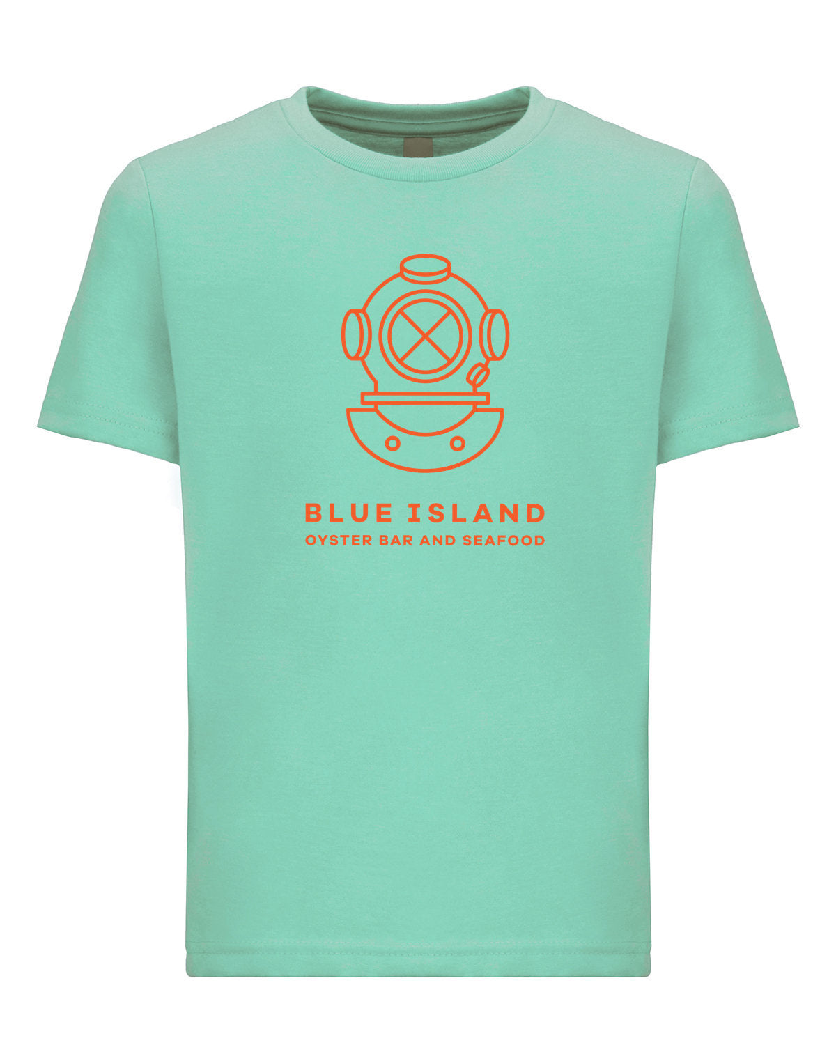 Light blue youth tee with a soft cotton-poly blend, featuring an orange vintage diving helmet logo and Blue Island branding.