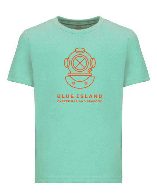 Light blue youth tee with a soft cotton-poly blend, featuring an orange vintage diving helmet logo and Blue Island branding.