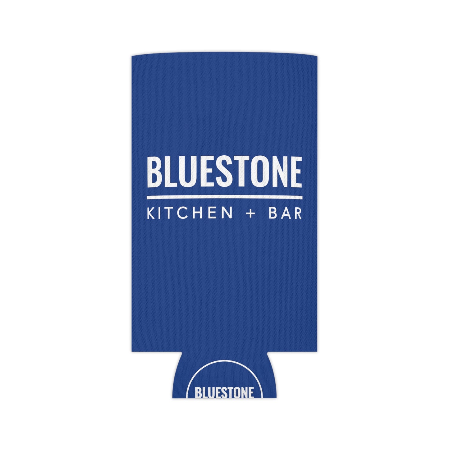 Blue polyester can cooler with white Bluestone Kitchen + Bar logo and foam liner.
