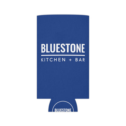 Blue polyester can cooler with white Bluestone Kitchen + Bar logo and foam liner.