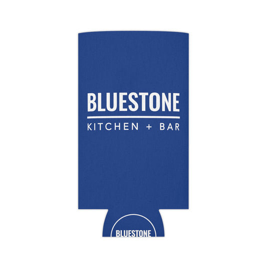 Blue polyester can cooler with white Bluestone Kitchen + Bar logo and foam liner.