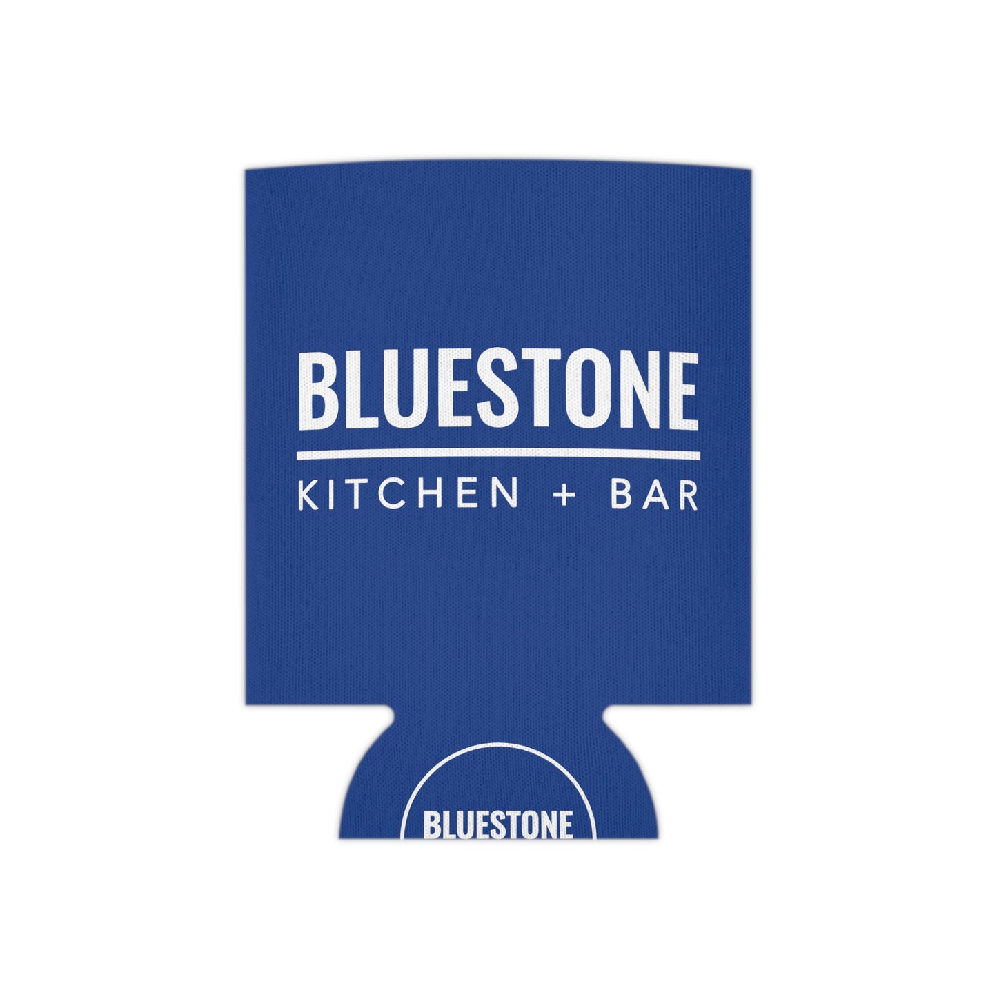 Blue polyester can cooler with white Bluestone Kitchen + Bar logo and foam liner.