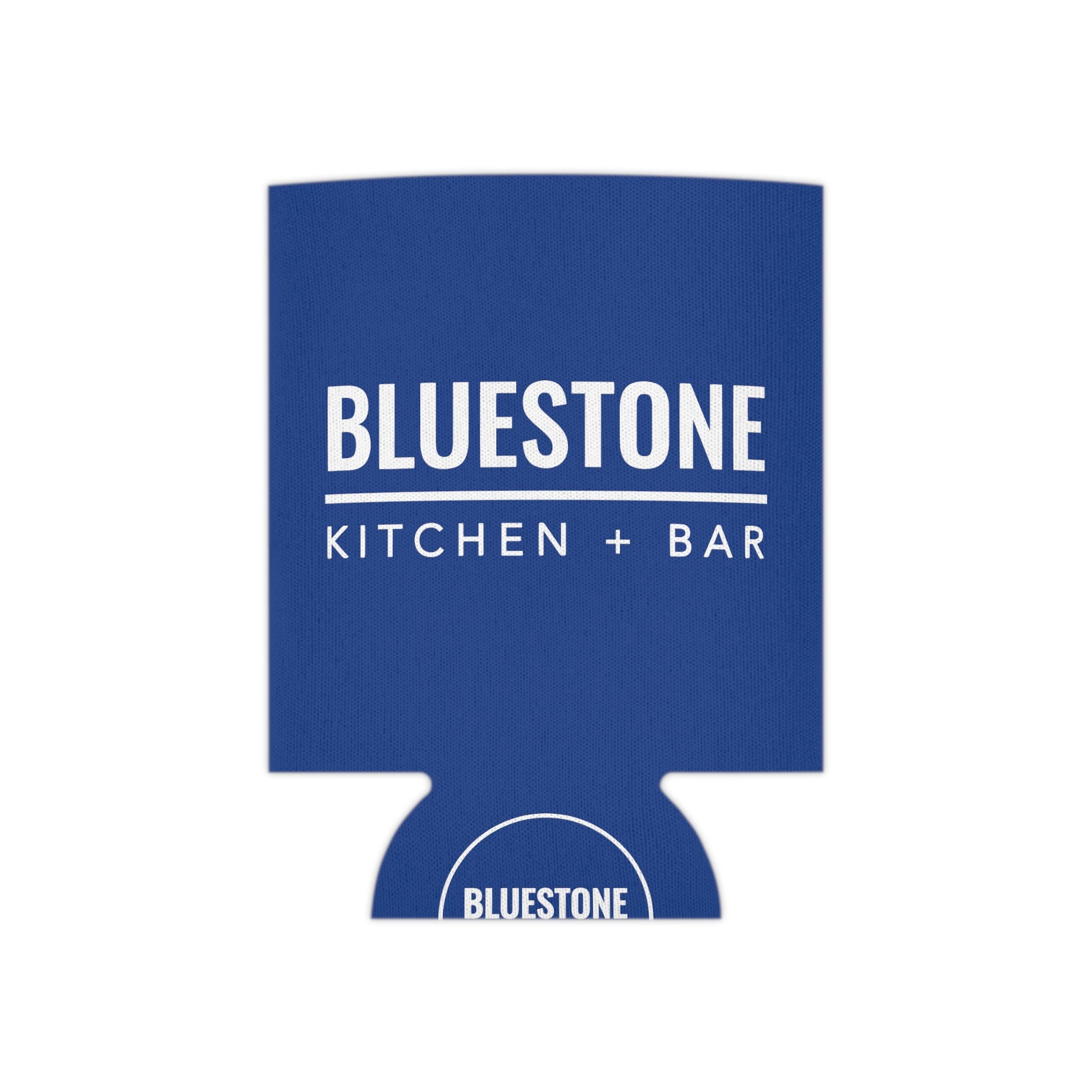 Blue polyester can cooler with white Bluestone Kitchen + Bar logo and foam liner.