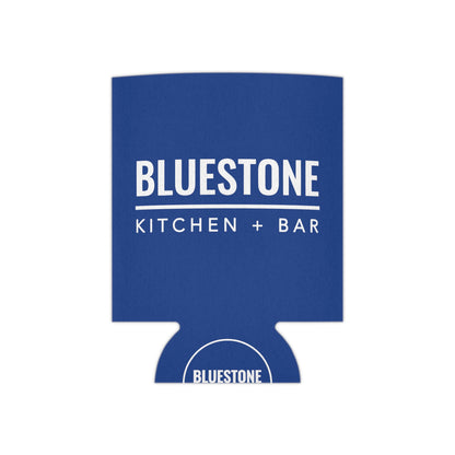 Blue polyester can cooler with white Bluestone Kitchen + Bar logo and foam liner.