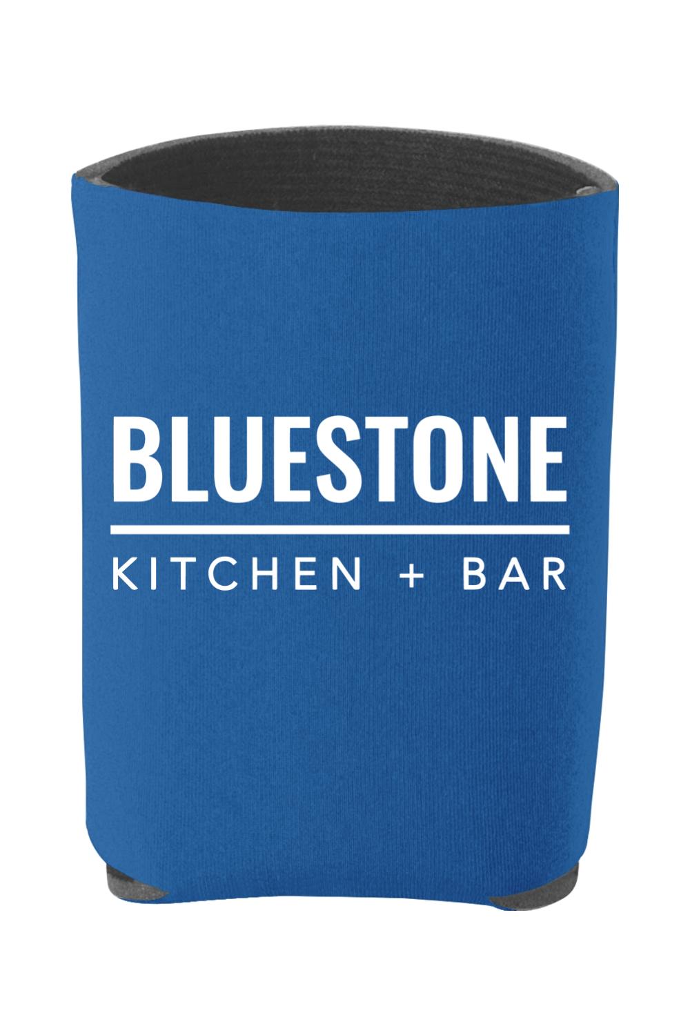 Blue foam can cooler featuring the white Bluestone Kitchen + Bar logo on a standard 12oz beverage sleeve.