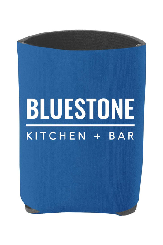 Blue foam can cooler featuring the white Bluestone Kitchen + Bar logo on a standard 12oz beverage sleeve.