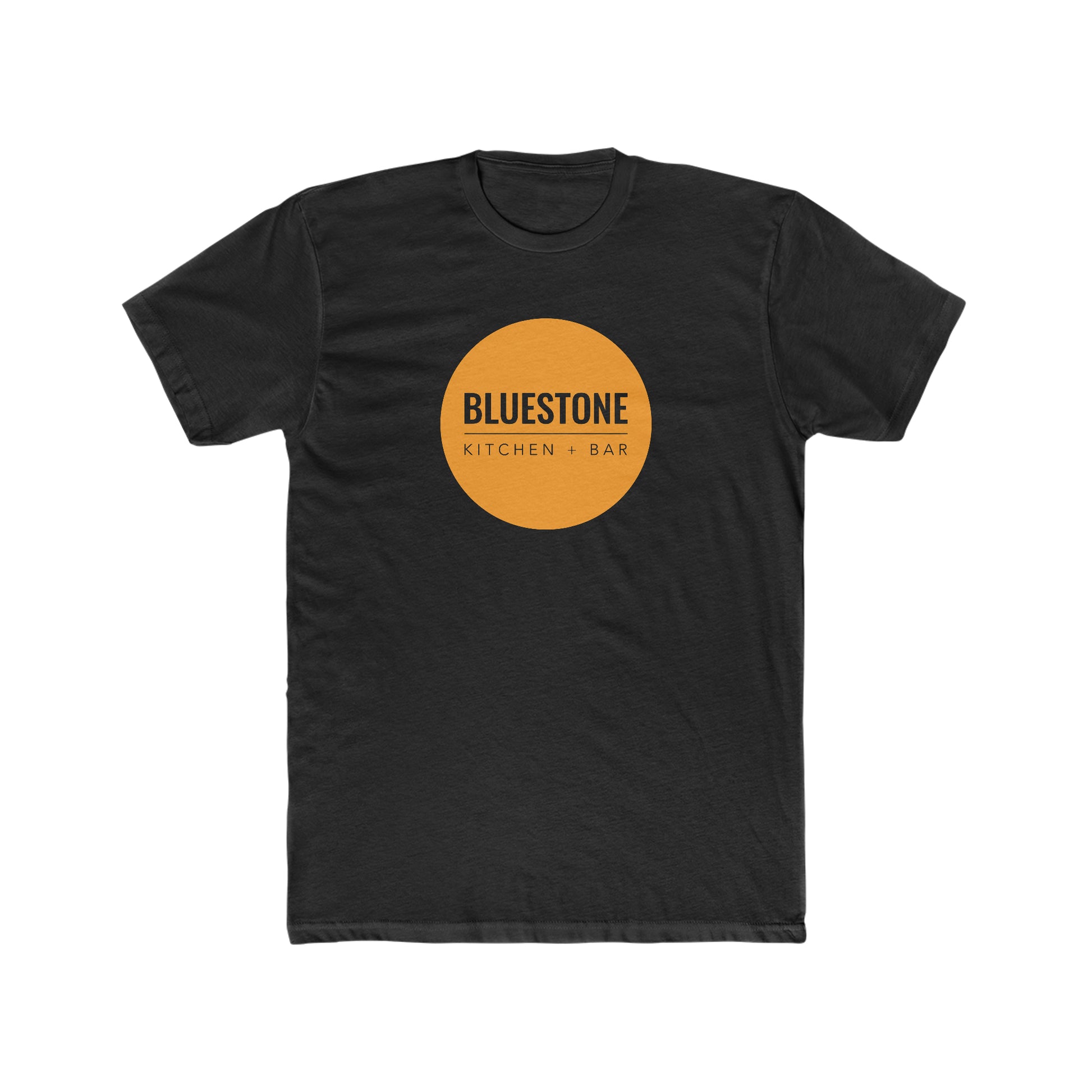 Black cotton crew neck t-shirt featuring a circular orange Bluestone Kitchen + Bar logo on the chest.