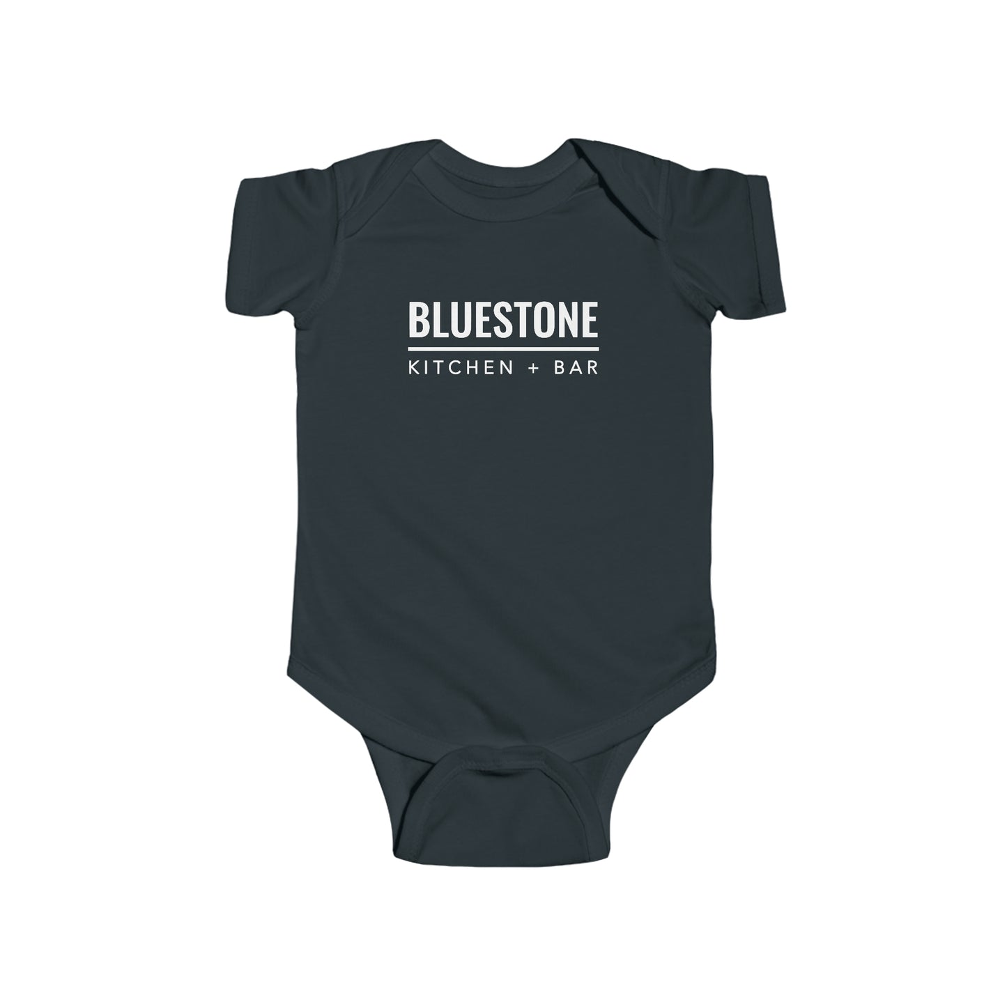 Dark grey cotton infant bodysuit featuring the white Bluestone Kitchen + Bar logo on the chest.