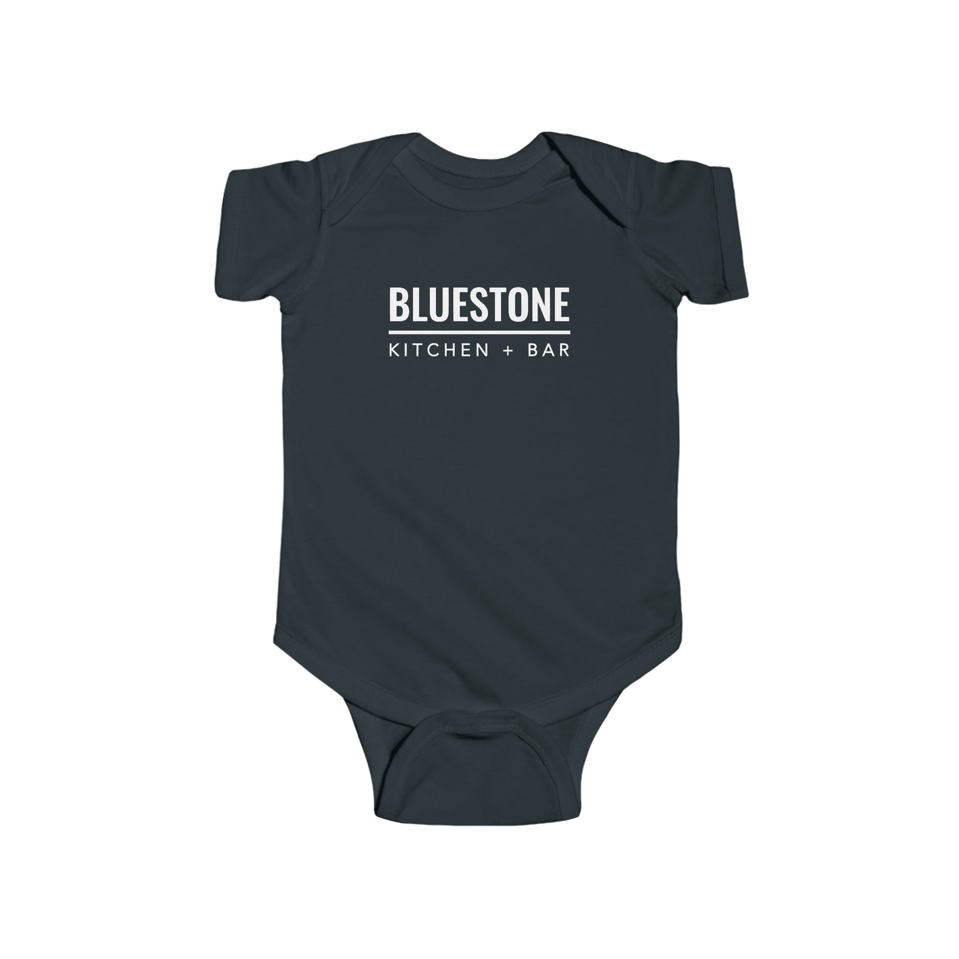 Dark grey cotton infant bodysuit featuring the white Bluestone Kitchen + Bar logo on the chest.