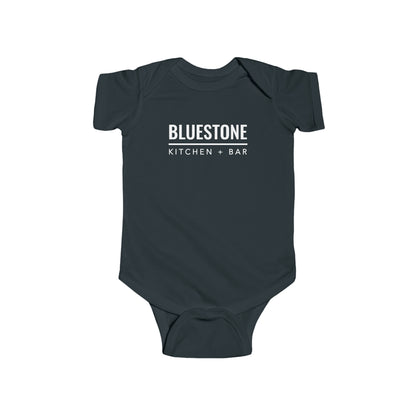 Dark grey cotton infant bodysuit featuring the white Bluestone Kitchen + Bar logo on the chest.