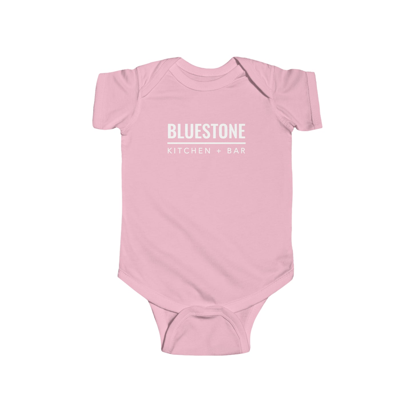 Light pink cotton infant jersey bodysuit featuring white Bluestone Kitchen + Bar logo text on the chest.