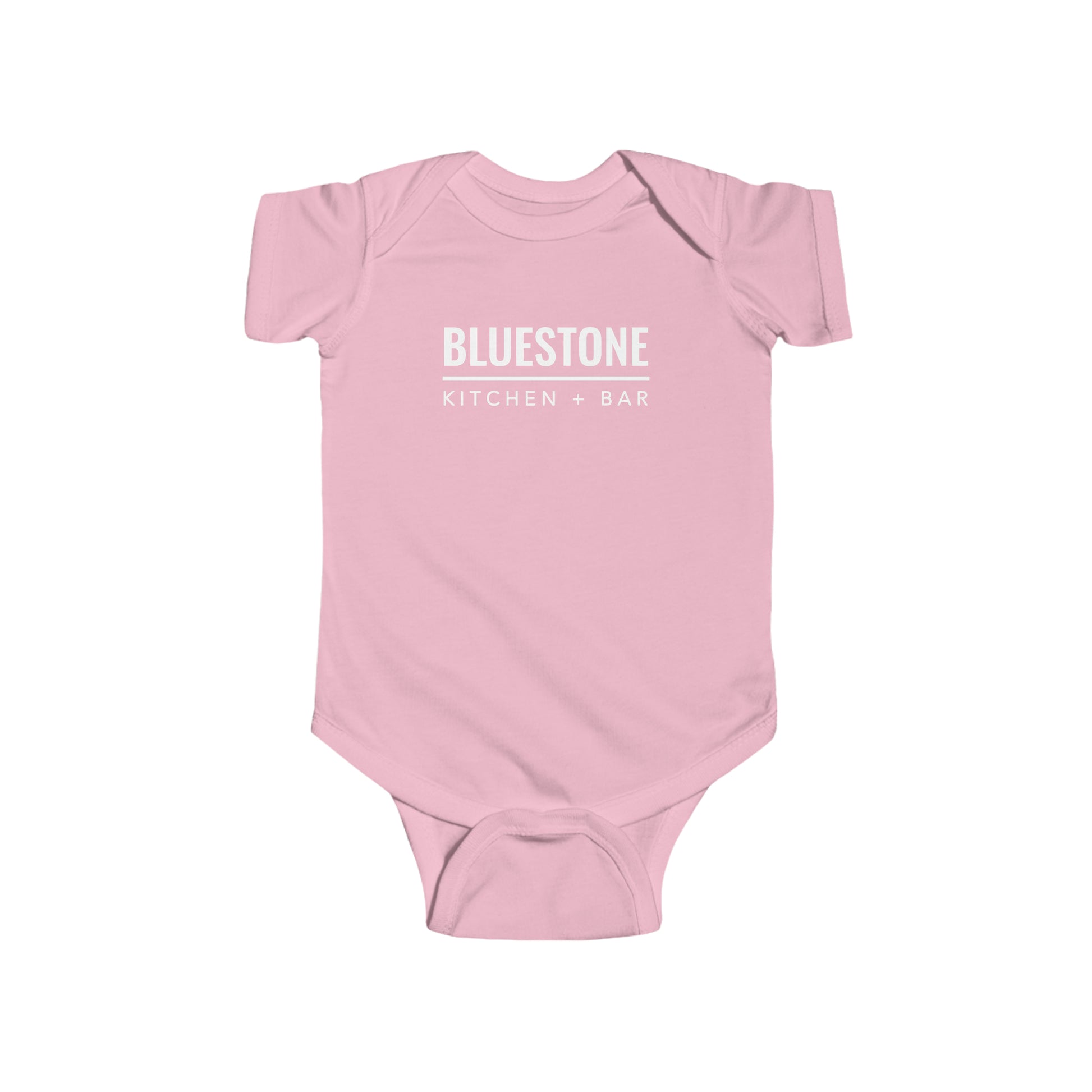 Light pink cotton infant jersey bodysuit featuring white Bluestone Kitchen + Bar logo text on the chest.