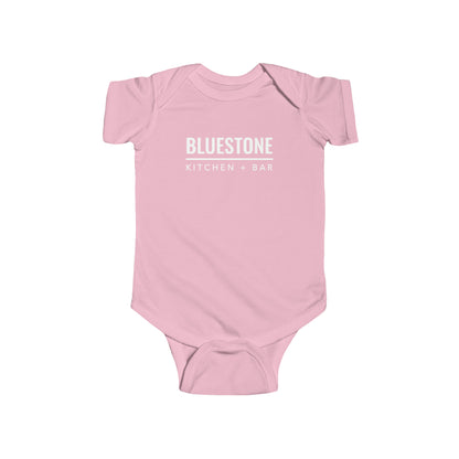 Light pink cotton infant jersey bodysuit featuring white Bluestone Kitchen + Bar logo text on the chest.