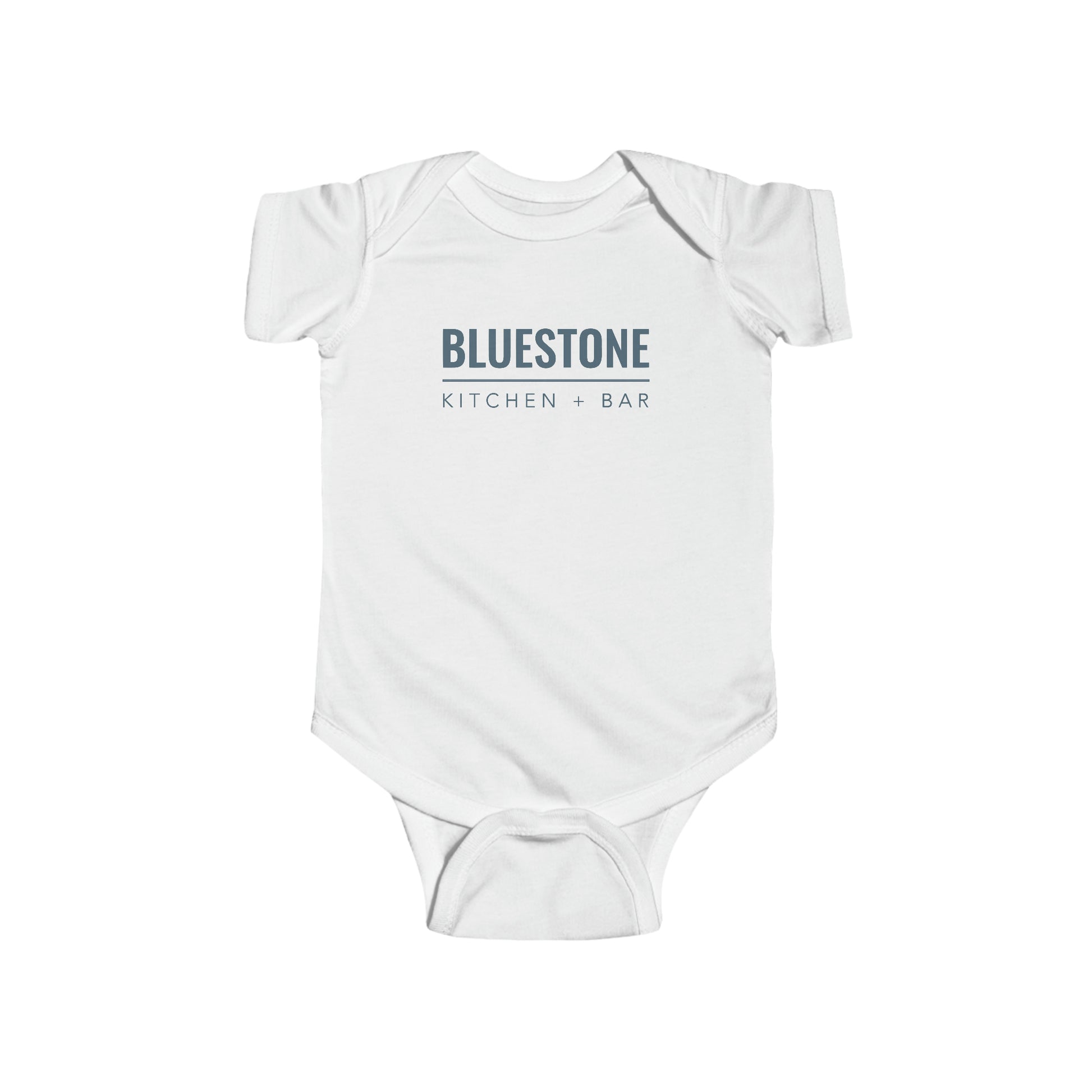 White cotton infant jersey bodysuit featuring the Bluestone Kitchen + Bar logo in blue text.