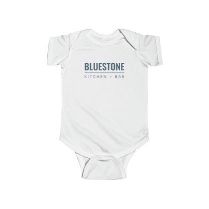 White cotton infant jersey bodysuit featuring the Bluestone Kitchen + Bar logo in blue text.