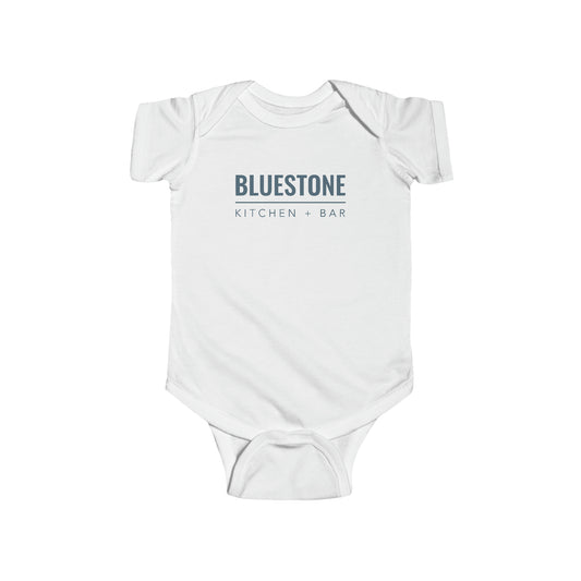 White cotton infant jersey bodysuit featuring the Bluestone Kitchen + Bar logo in blue text.