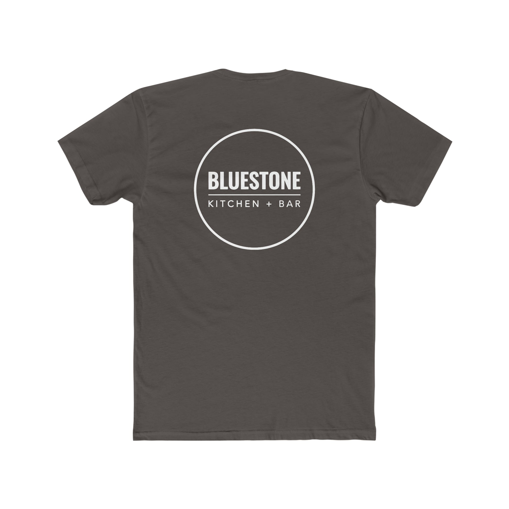 Dark grey premium cotton crew neck tee featuring a white Bluestone Kitchen + Bar circular logo on the back.