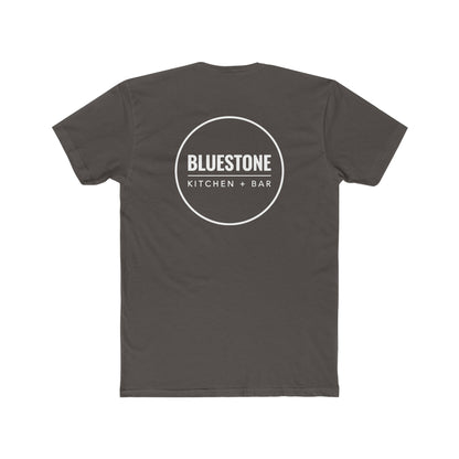 Dark grey premium cotton crew neck tee featuring a white Bluestone Kitchen + Bar circular logo on the back.