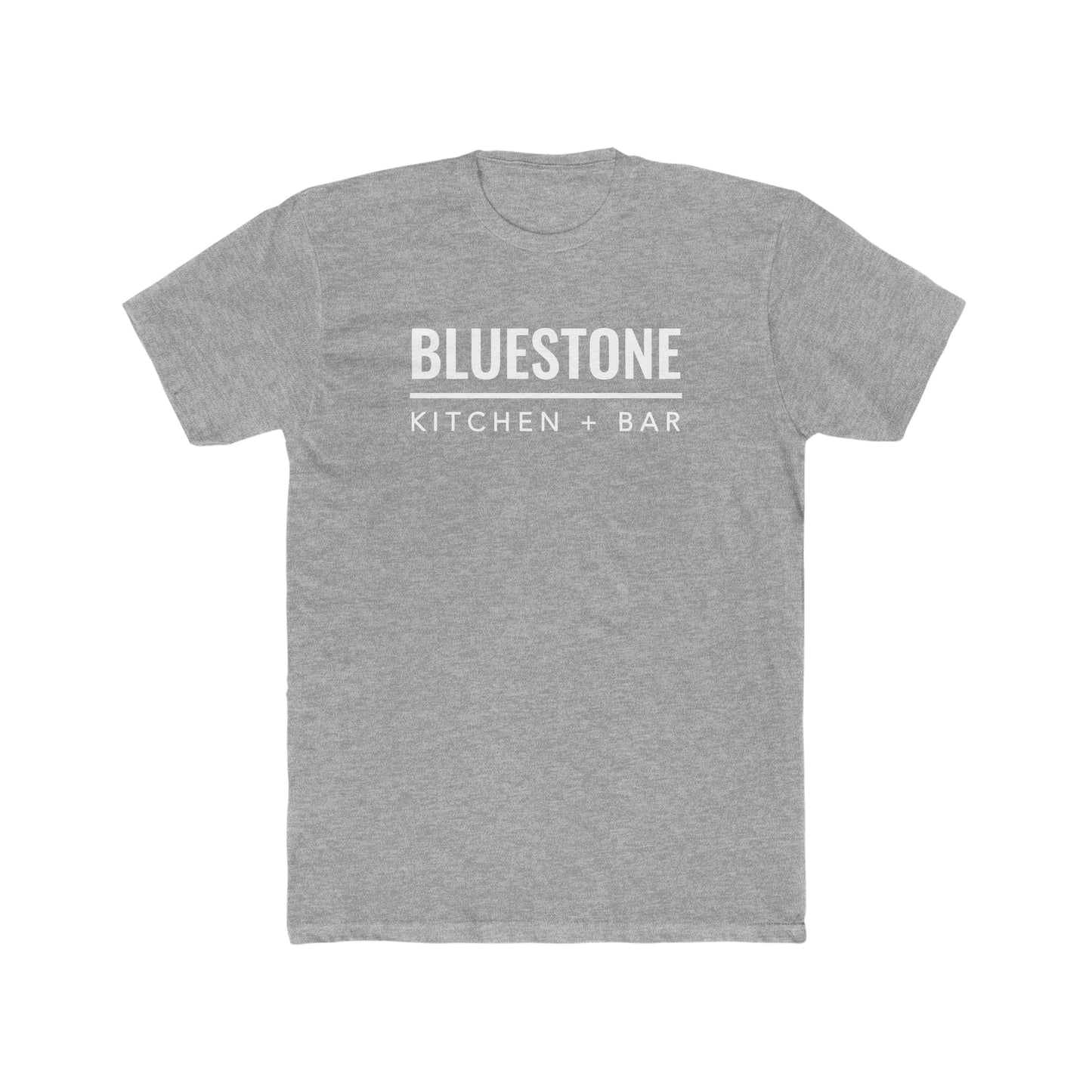 Grey heather men's crew neck cotton t-shirt featuring a white Bluestone Kitchen + Bar logo graphic.
