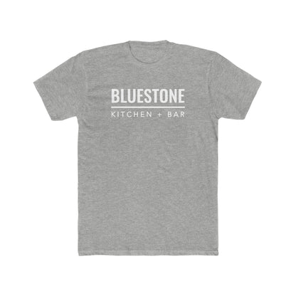 Grey heather men's crew neck cotton t-shirt featuring a white Bluestone Kitchen + Bar logo graphic.