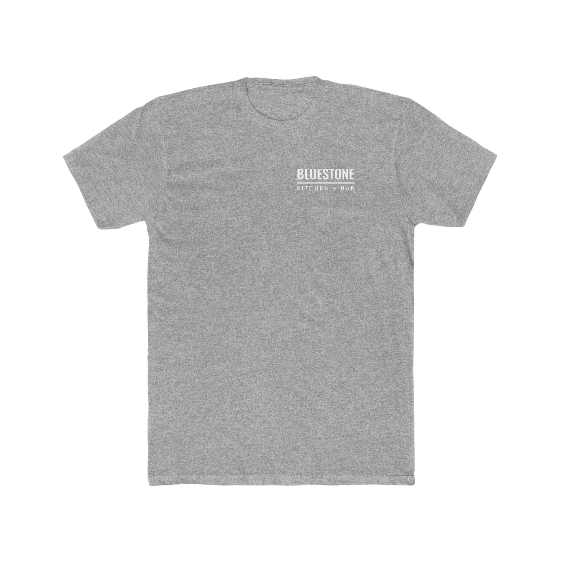 Grey heather cotton crew neck t-shirt featuring a white Bluestone Kitchen + Bar logo on the left chest.