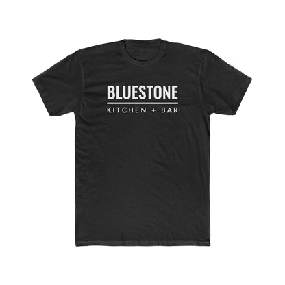 Black cotton crew neck t-shirt featuring white Bluestone Kitchen + Bar text logo on the chest.