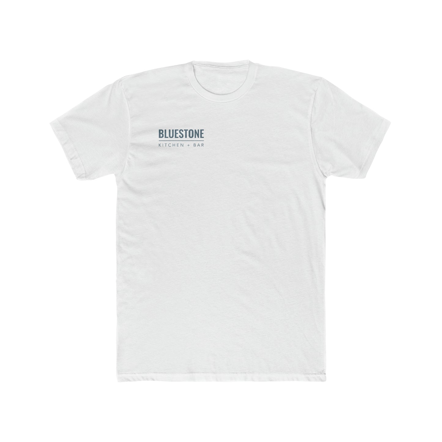 White premium cotton crew neck t-shirt featuring a small Bluestone Kitchen + Bar logo on the left chest.