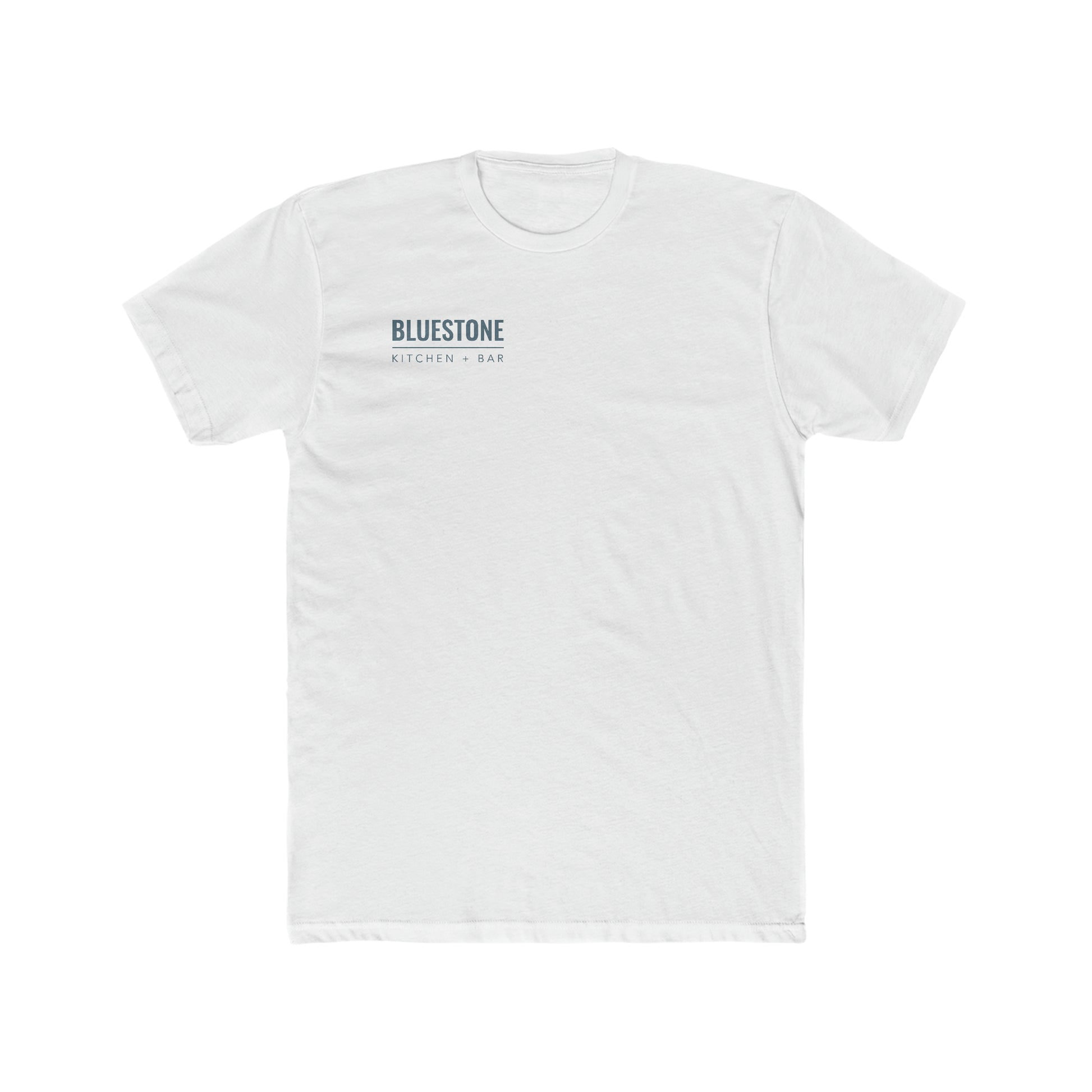 White premium cotton crew neck t-shirt featuring a small Bluestone Kitchen + Bar logo on the left chest.