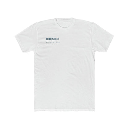 White premium cotton crew neck t-shirt featuring a small Bluestone Kitchen + Bar logo on the left chest.